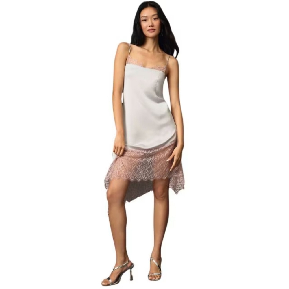 NWT Anthropologie Silver and Pink Slip Dress Asymmetrical with Lace